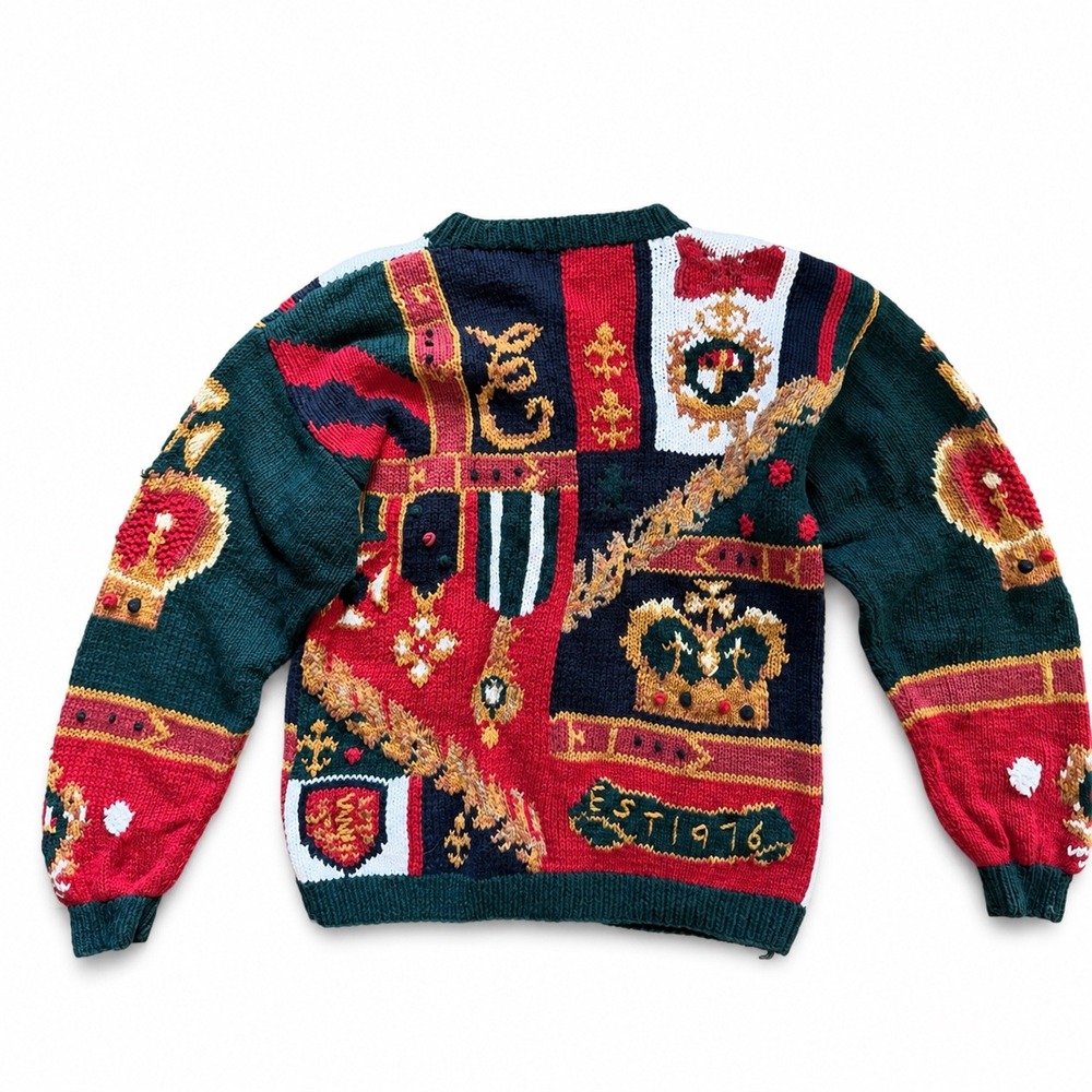 Vintage 90s Bianca Royal Crest Intarsia Cardigan Sweater Crown Heraldic Small - Picture 2 of 9